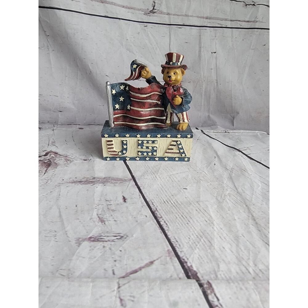 USA Resin Block Decor Bear Waving American Flag 4in Tall 4th Of July Labor Day